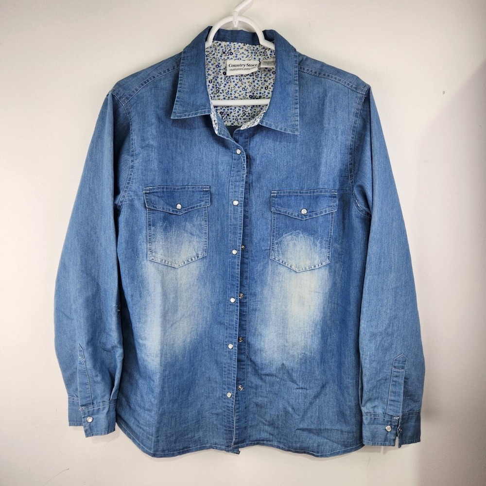 Country Store Denim Shirt Women Large Blue Snap Front Floral Trim Western Top